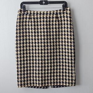 Boden US 8 Navy Yellow White Houndstooth Tweed Pencil Skirt Work Office